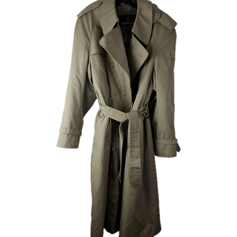 Vintage Adolfo Classic Beige Trench Coat Mens Double Breast Wool Liner Belted 44
